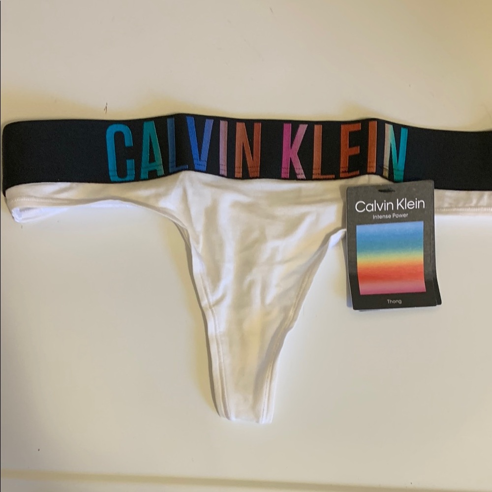 Calvin Klein White Thong with Multicolor Waistband